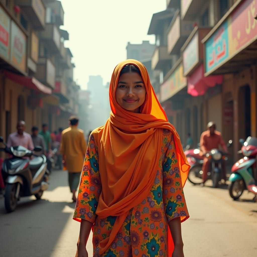 Indian Muslim Woman in Vibrant City Street