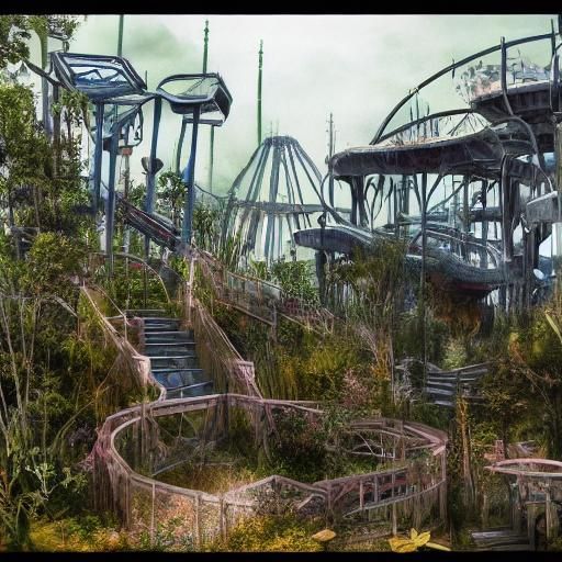 Overgrown Amusement Park in Fantasy Landscape