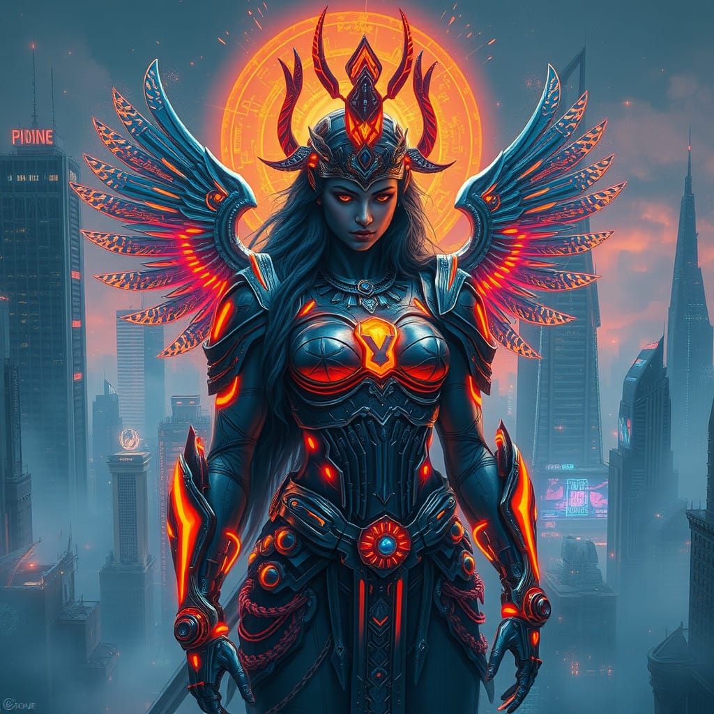 Cyberpunk Goddess of Olympus in Neon-Lit Armor