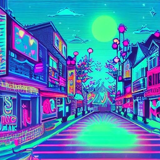 Neon Synthwave Fairy Town in Retro Style