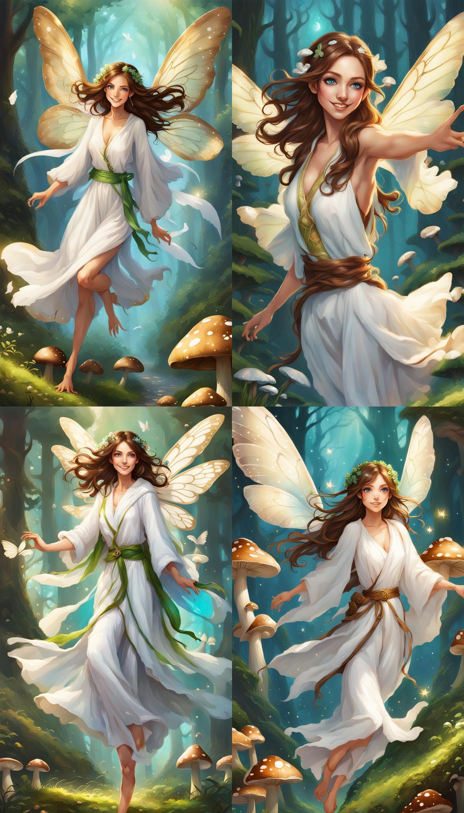Fairy Flying Among Mushrooms with White Wings