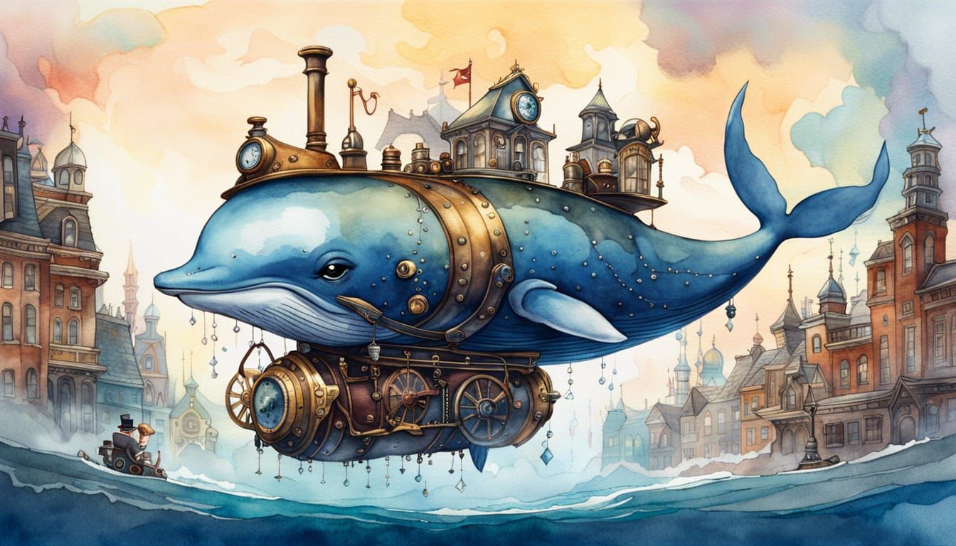 Steampunk Whale Soaring Through City: Watercolor Art