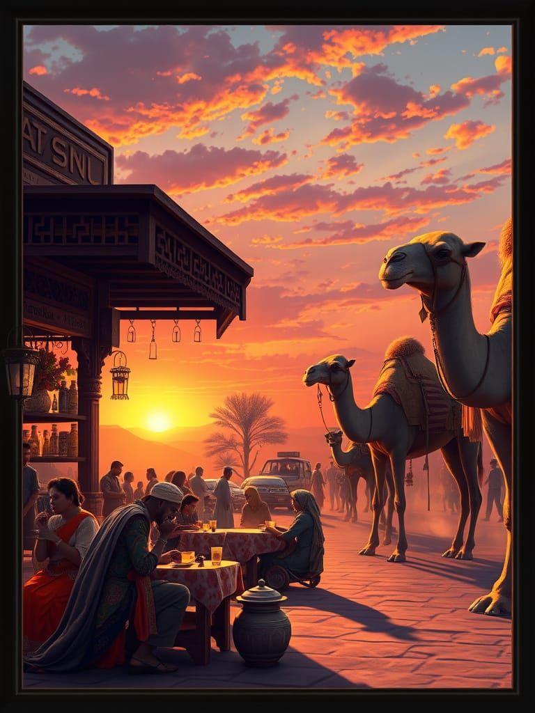 Bustling Tea Shop and Camel Market at Sunset