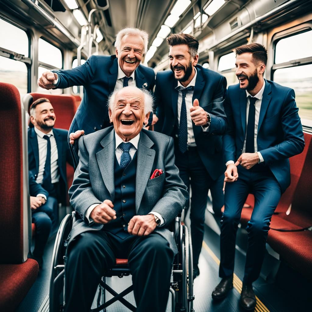 Happy Croatian Man Laughing on Train with Friends