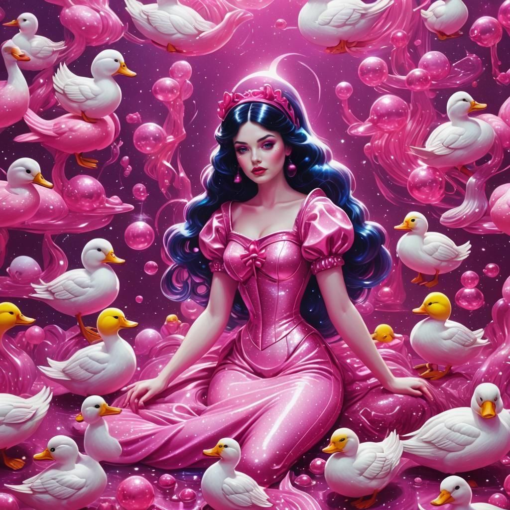 Snow White Mermaid with Ducks in Synthwave Style