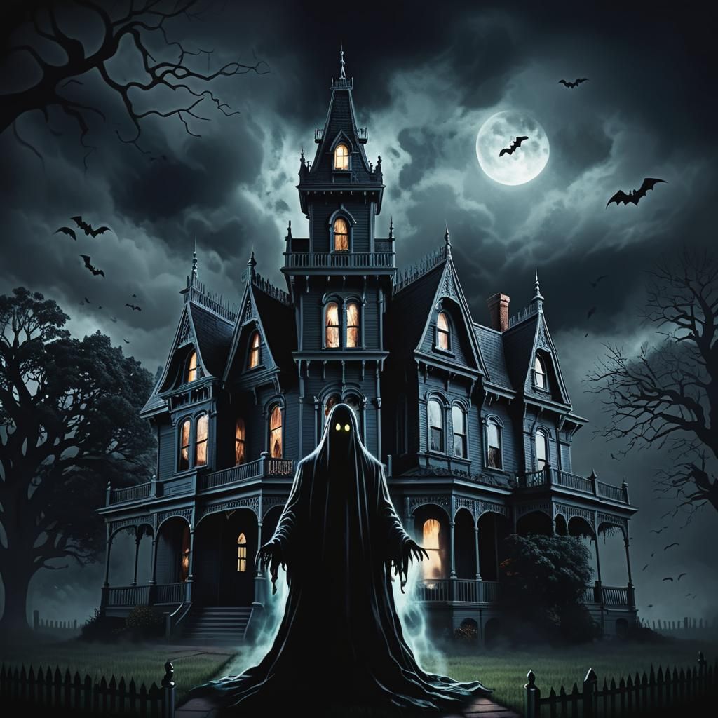 Victorian House with Dark Ghost Apparition