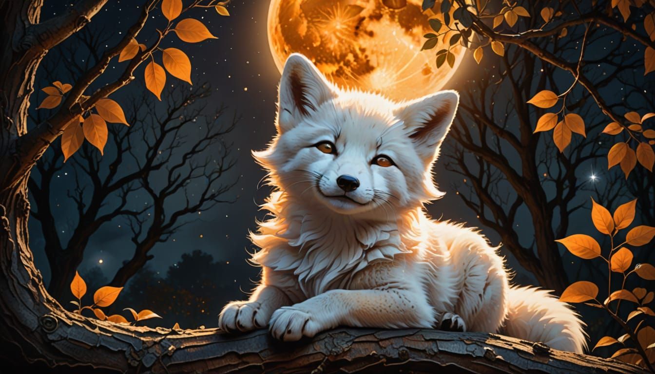 Sleeping Fox Cub in Moonlight: A Digital Painting
