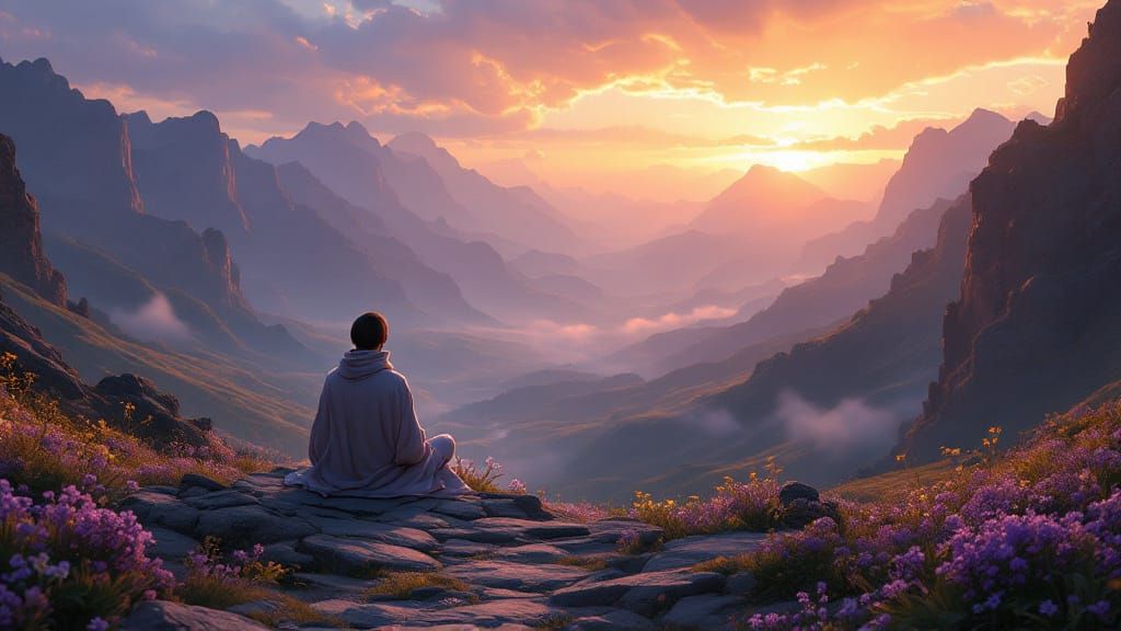 Ethereal Sky Drama Digital Painting of Meditative Figure