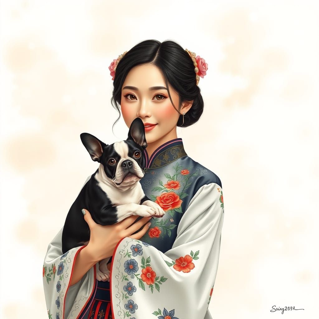 Korean Woman in Hanbok with Boston Terrier