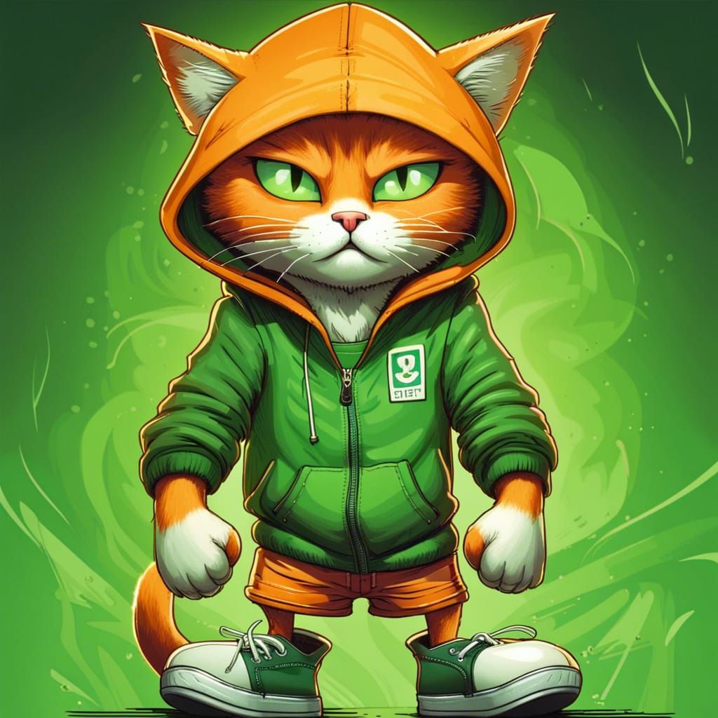 Anthropomorphic Orange Cat in Green Hoodie