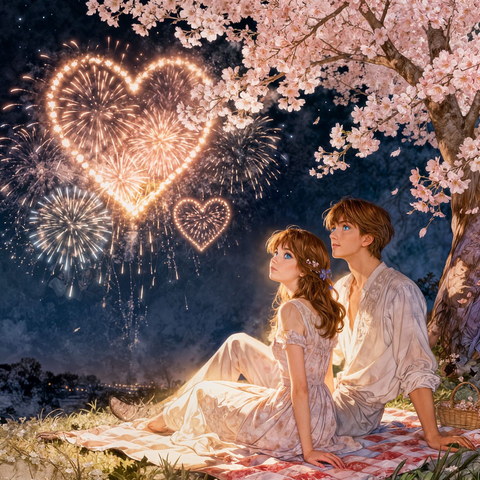 Couple Watches Heart Fireworks Under Cherry Blossoms