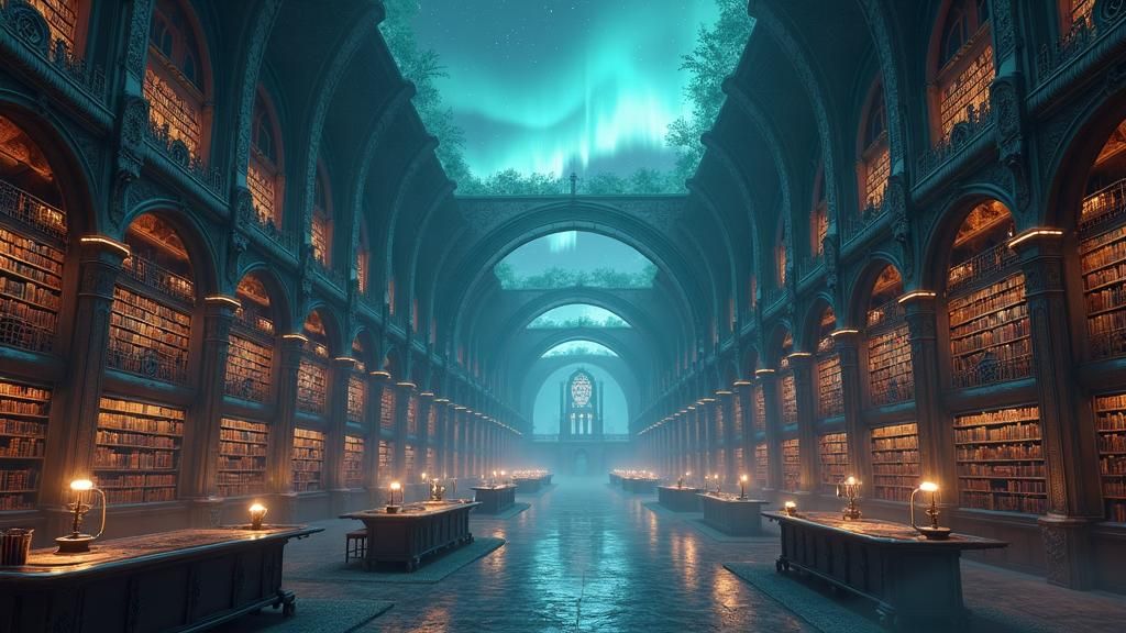 Mystical Library of Infinite Knowledge Under Aurora Borealis