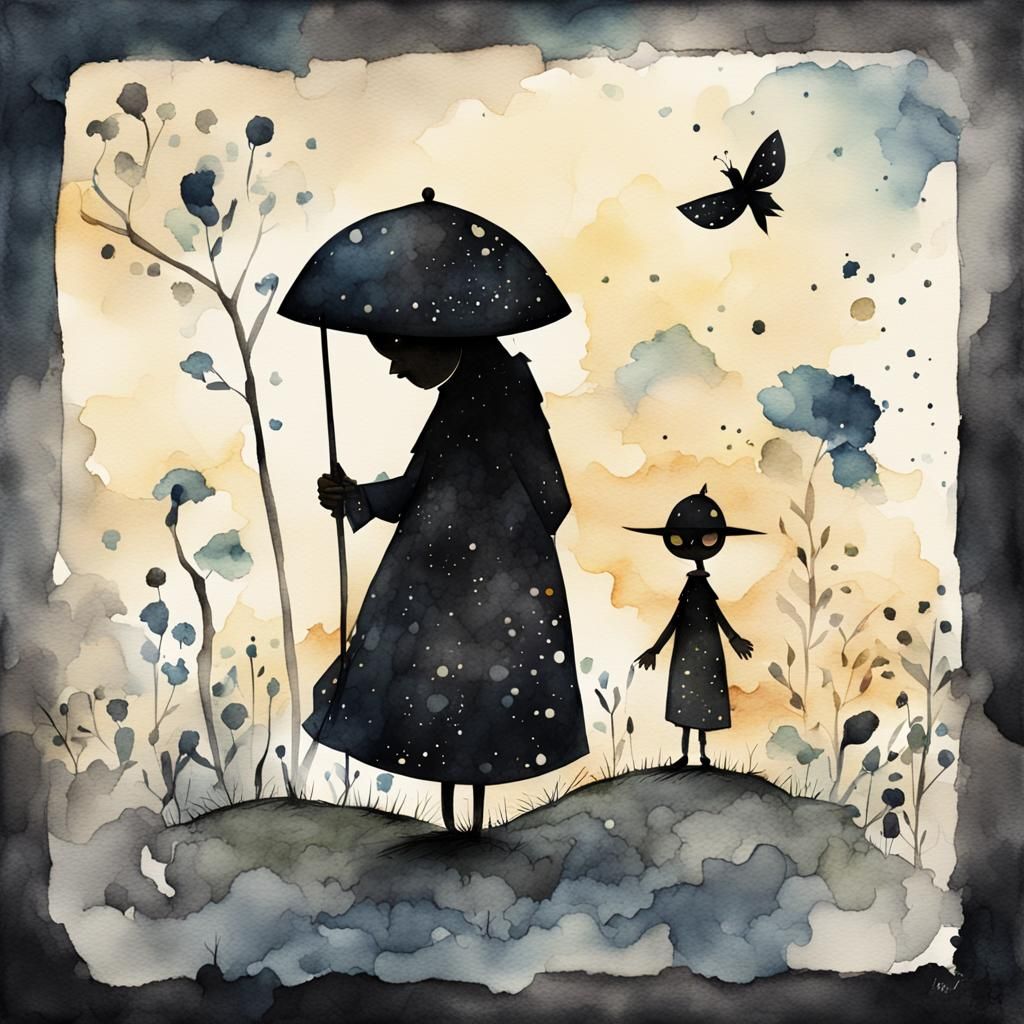 Mysterious Black Shadow Figure in Watercolor Style