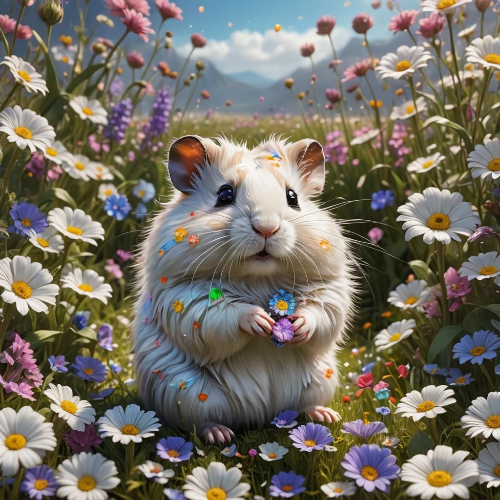 Whimsical Hamster in a Flower Field