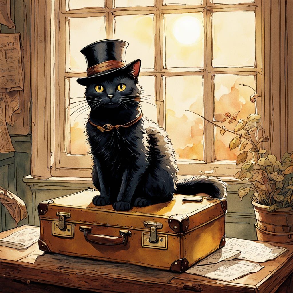 Black Cat Conductor in Steampunk Watercolor Illustration
