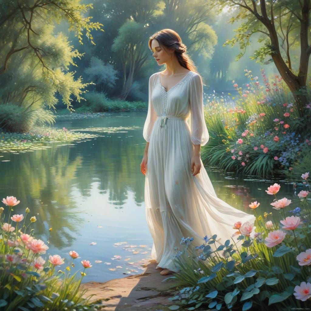 Serene Woman in a Whimsical Watercolor Scene