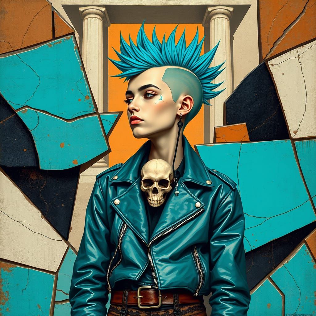 Punk Teen with Turquoise Mohawk in Cubist Style