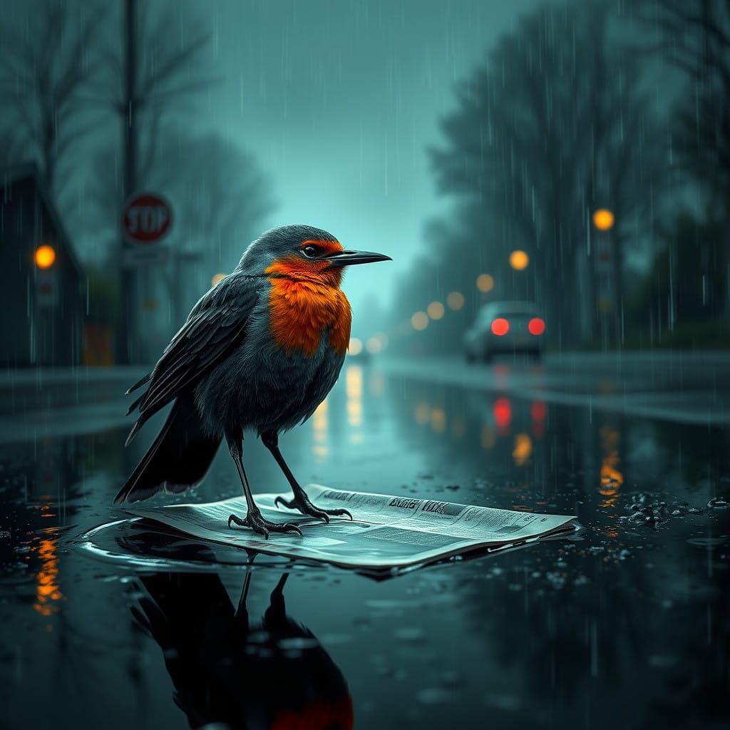 Raven Protects Robin from Pouring Rain in Vivid Fantasy Scen...