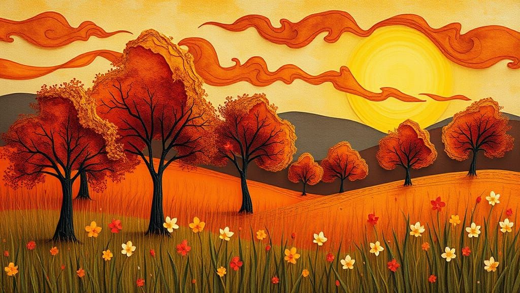 A whimsical impressionist torn paper collage landscape of a ...