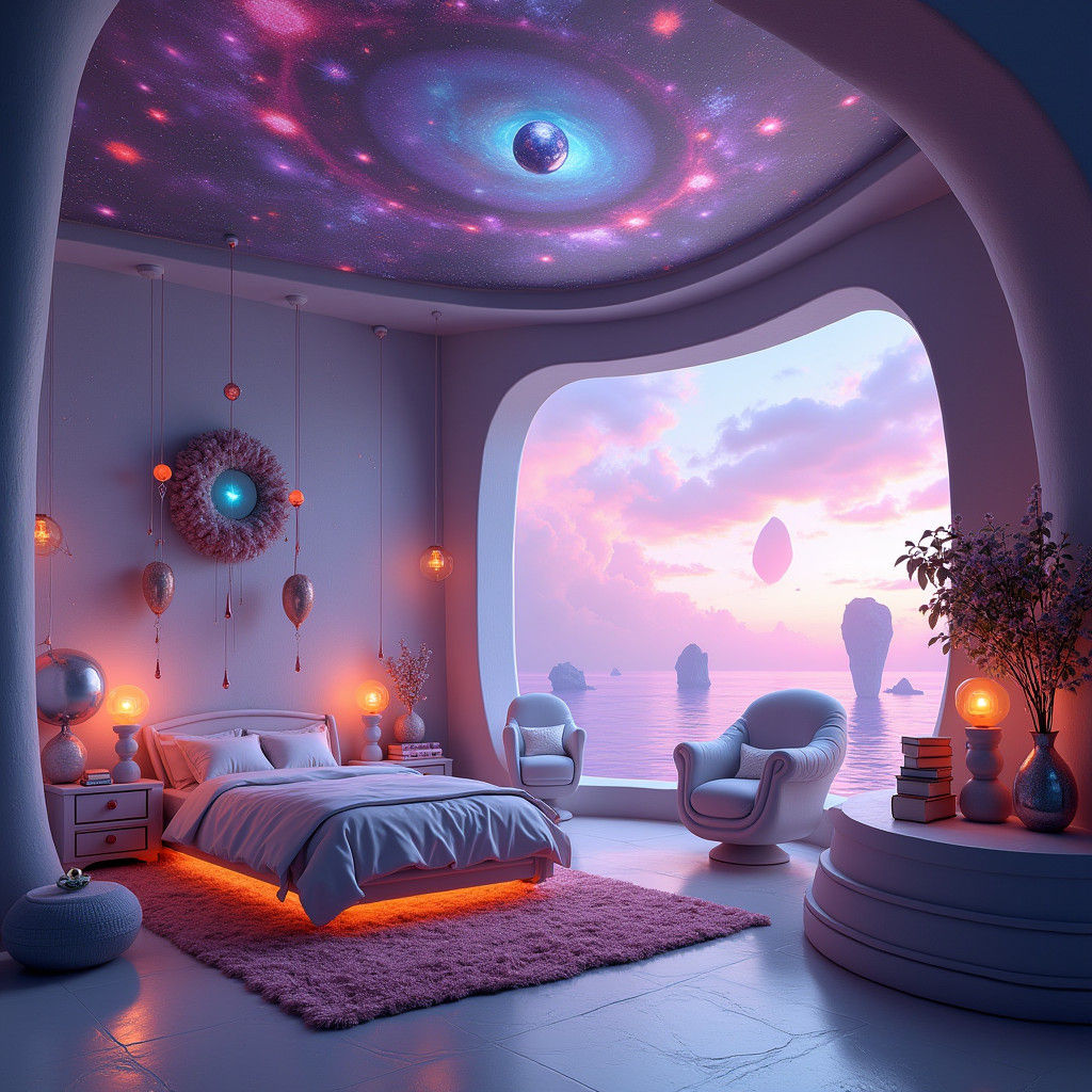 Surreal Room with Floating Furniture and Cosmic Design