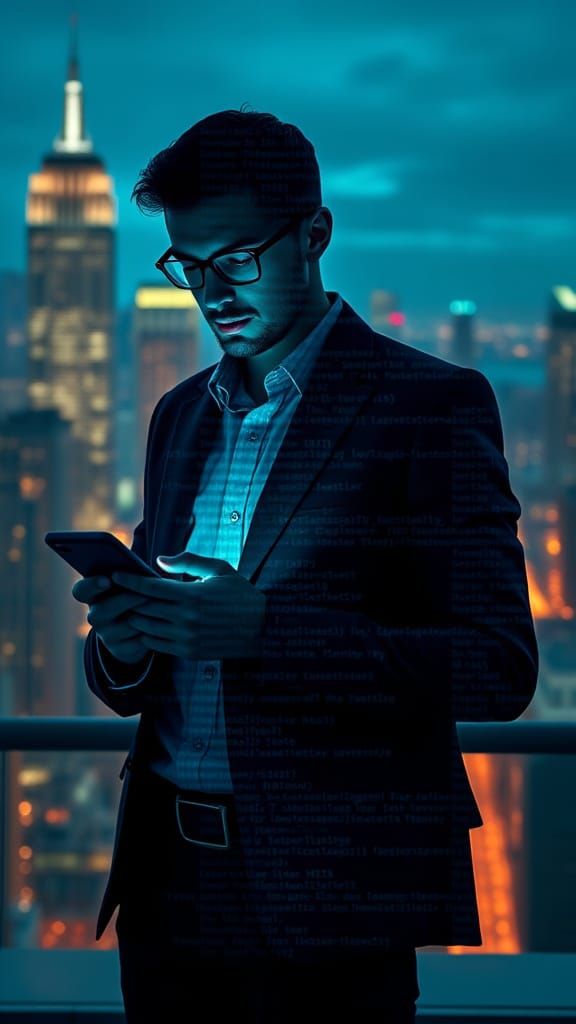 Software Engineer Silhouette in Cityscape with Glowing Phone