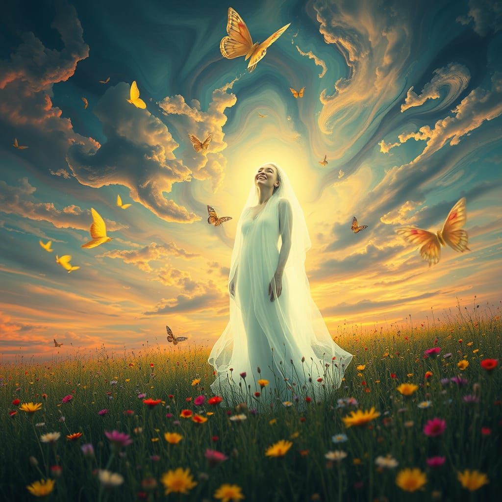 Ethereal Light Figure in Dreamlike Landscape