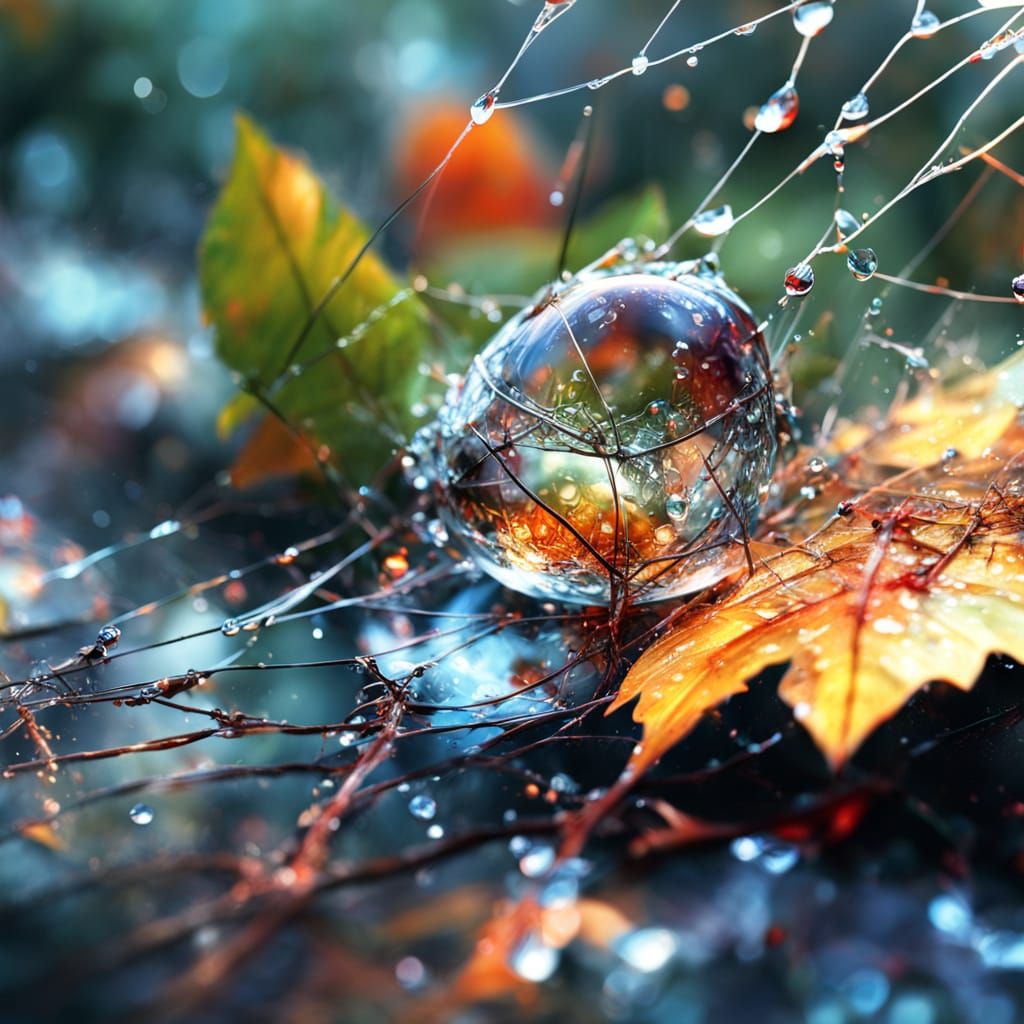 Dewdrop Reflecting Forest: Hyperrealistic Digital Art