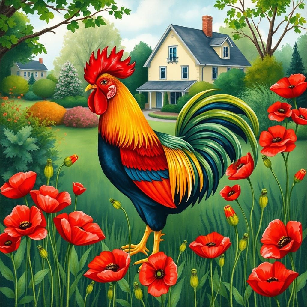 Colorful Rooster in a Vibrant Garden, Naive Folk Art Style