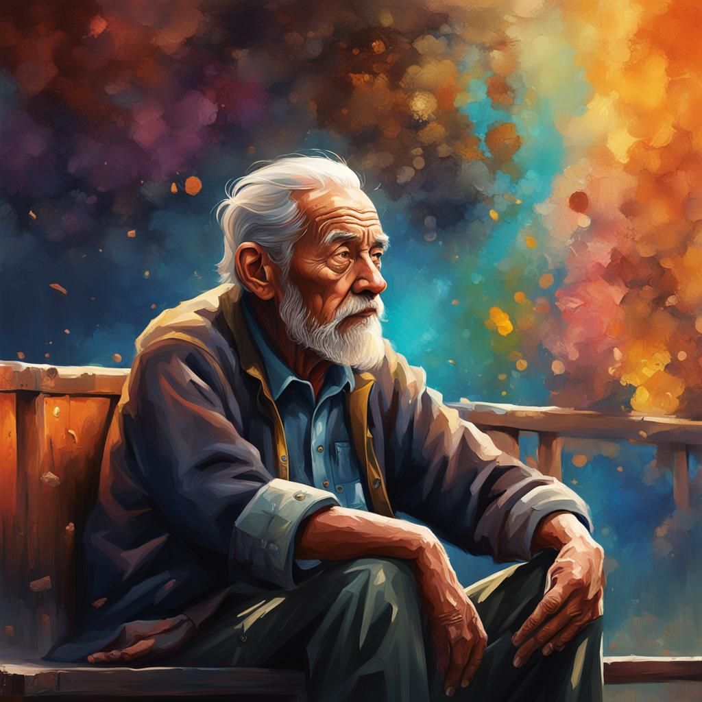 Thoughtful Old Man in Hyperrealistic Splash Art