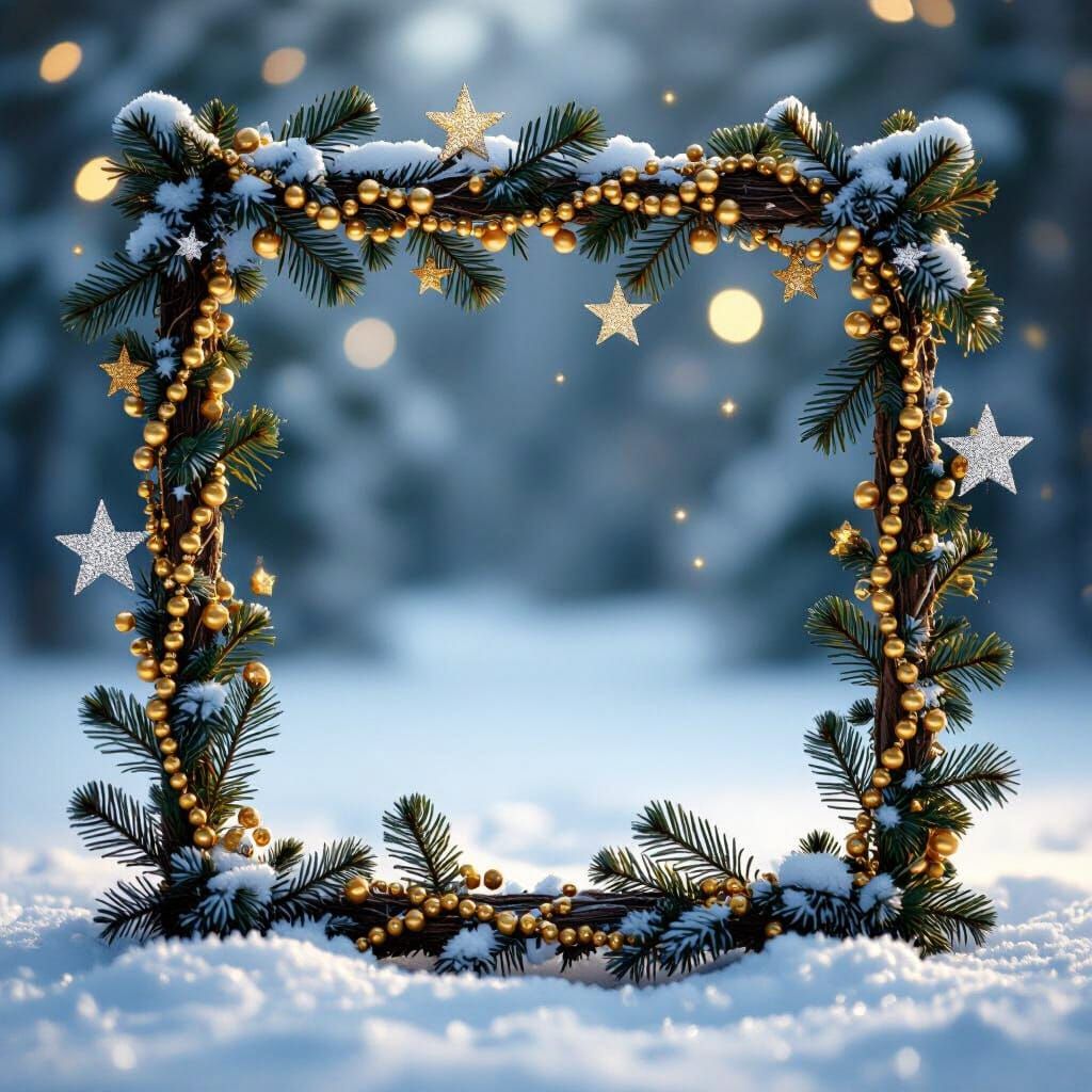 Elegant Spruce Branch Frame with Gold Beads and Silver Stars