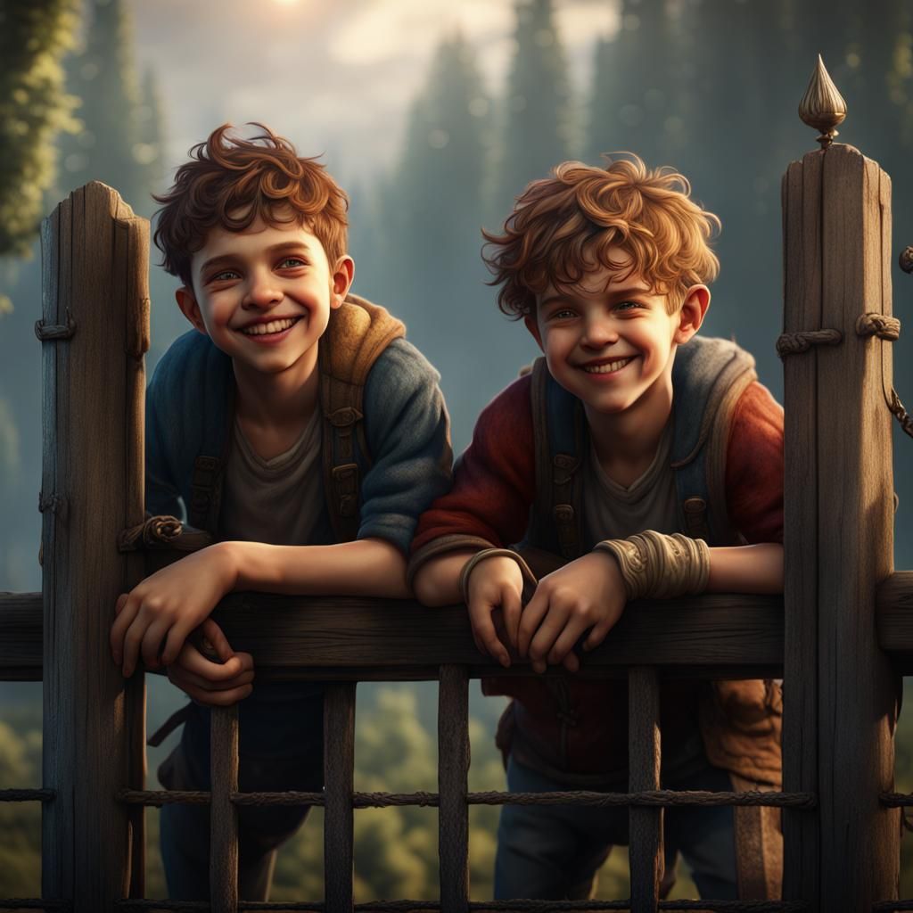 Boys Laughing Over Fence: Detailed Matte Painting