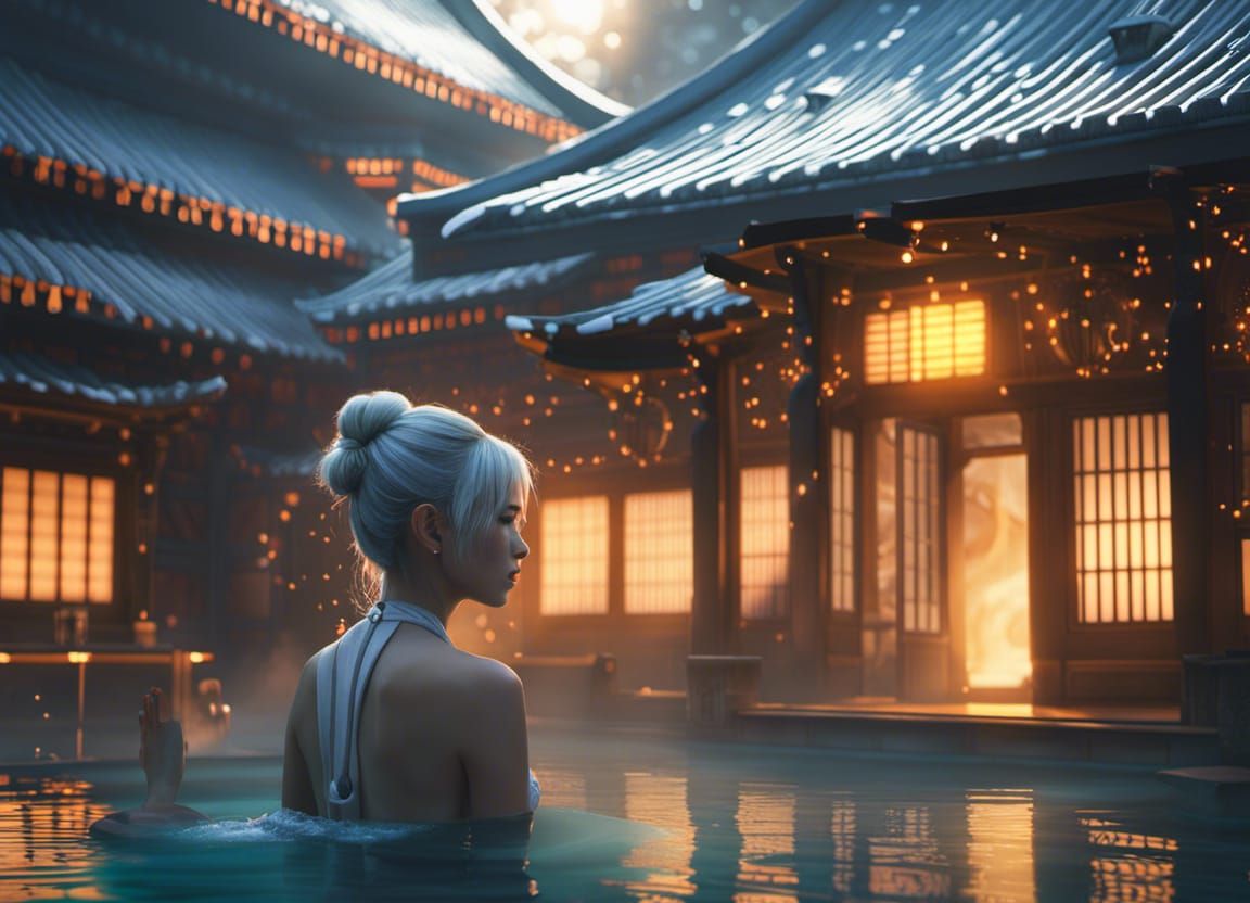 Solarpunk Onsen Scene in Soft Light