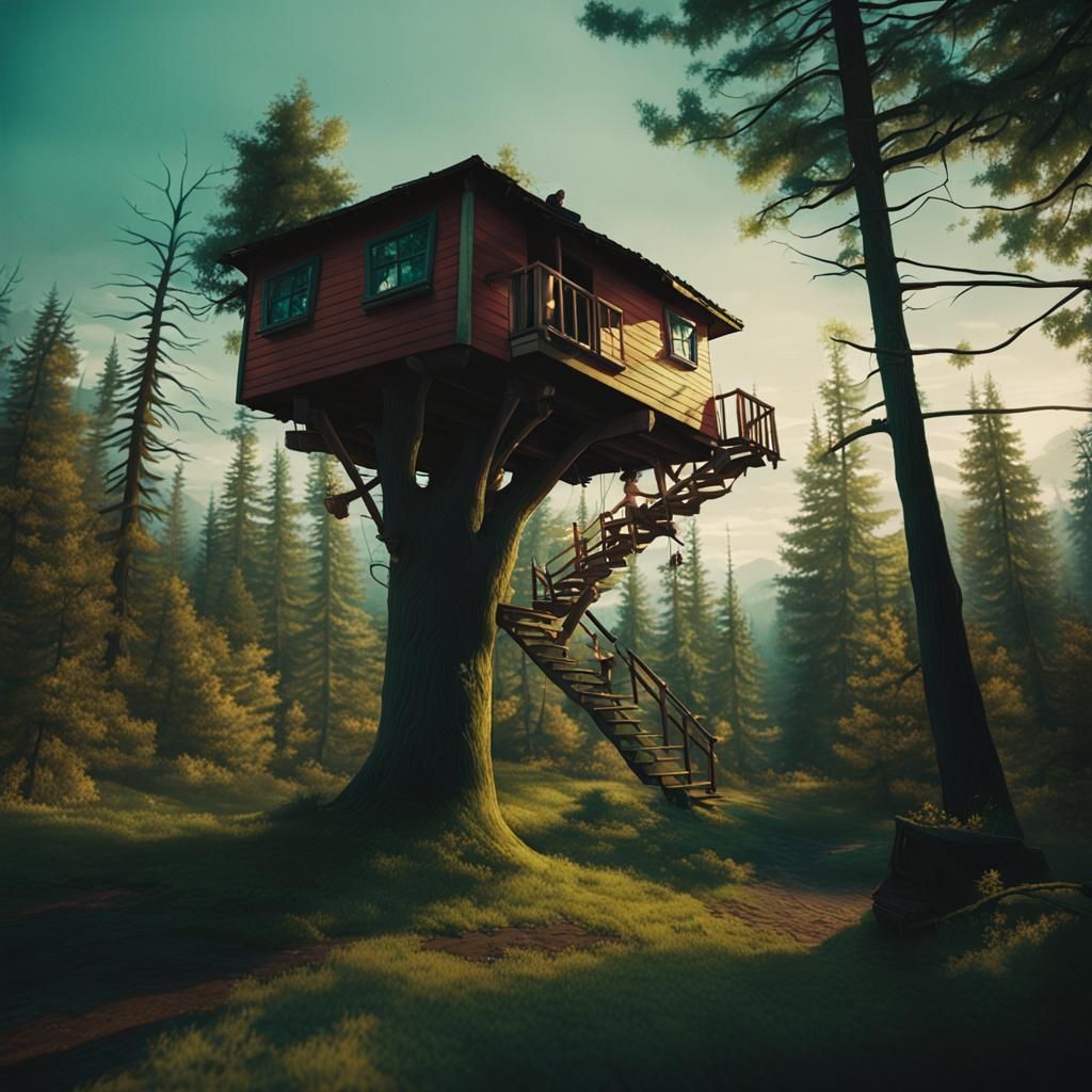 Atmospheric Treehouse in Cinematic Film Style