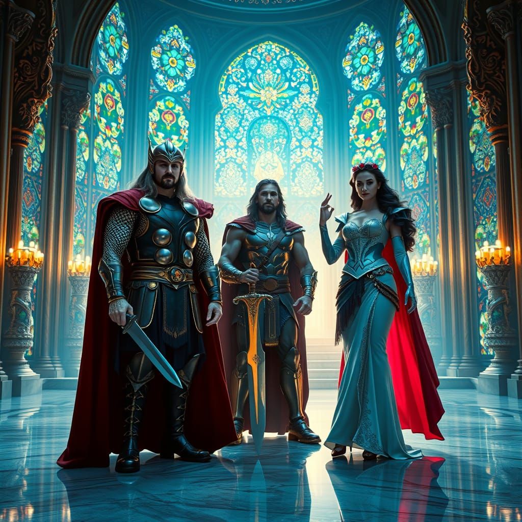 Epic Fantasy Collage in Stained Glass Style