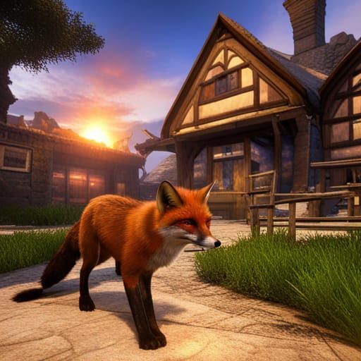 Fox Unharmed in Burning Village: Detailed Matte Painting