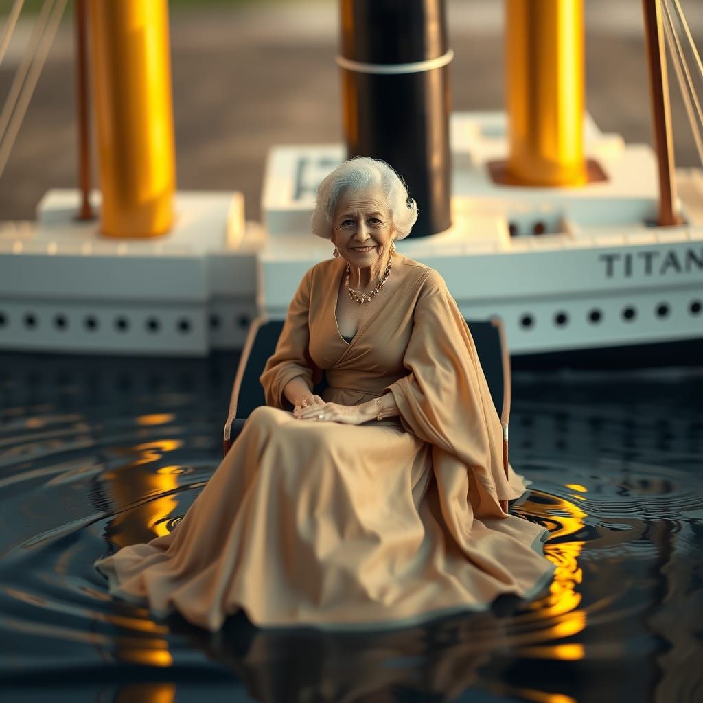 Elegant Woman on Titanic Model, Hyperrealistic Digital Art