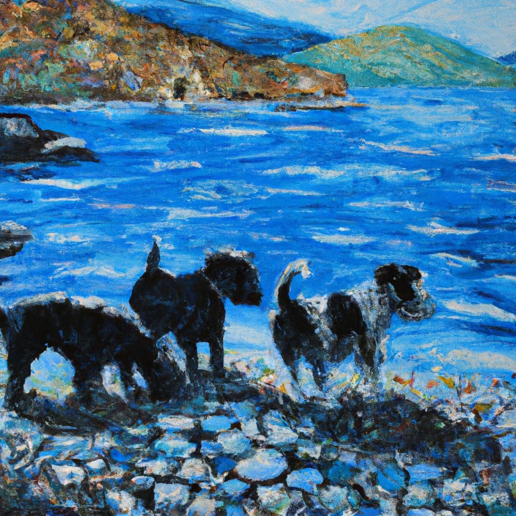 Dogs Sniffing Rocks in Neo-Impressionist Oil Painting
