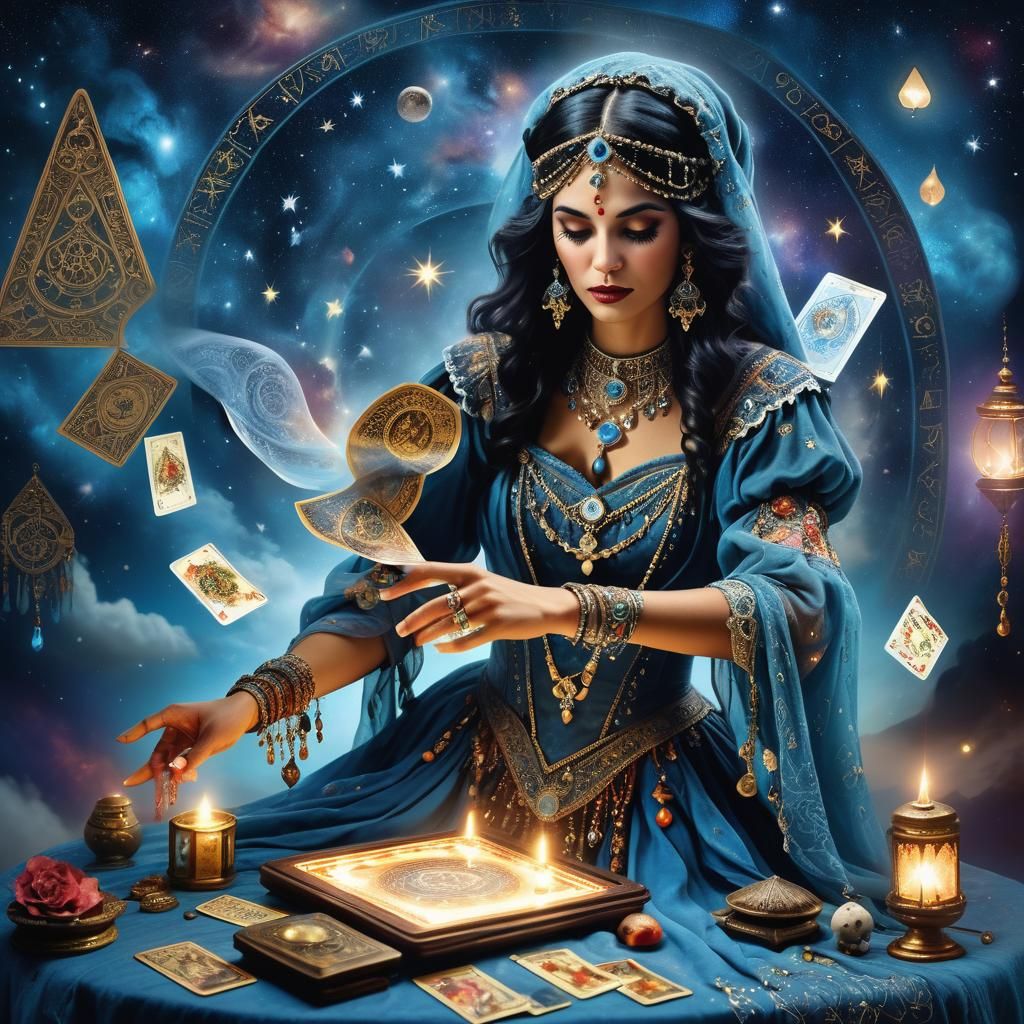 Mystic Fortune Teller Reveals Tarot Card in Art Nouveau