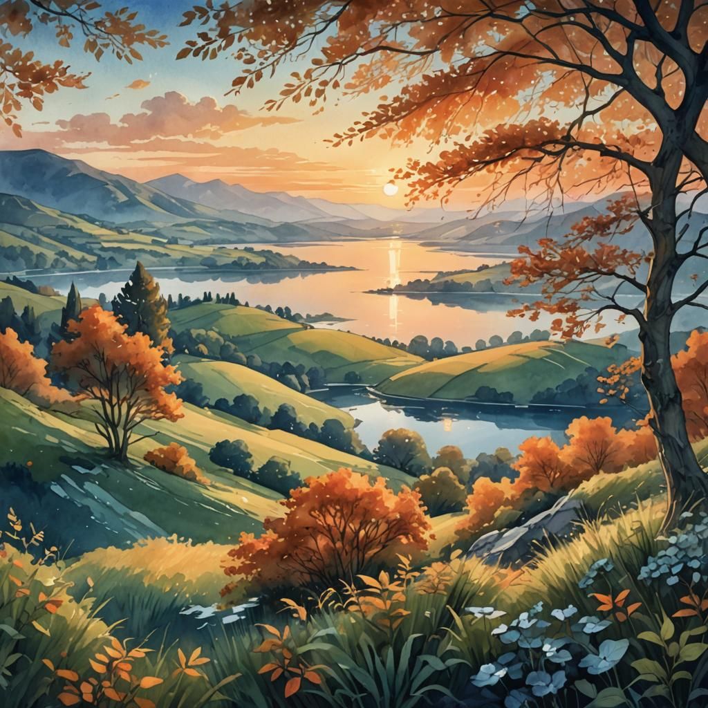 Summerscape Sunset Digital Watercolor Illustration