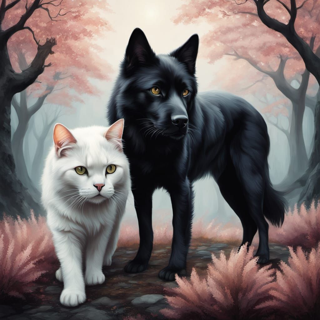 A black dog and a white cat, the cat's head on the back of the dog, and the dog's head on the back of the cat, creating ...