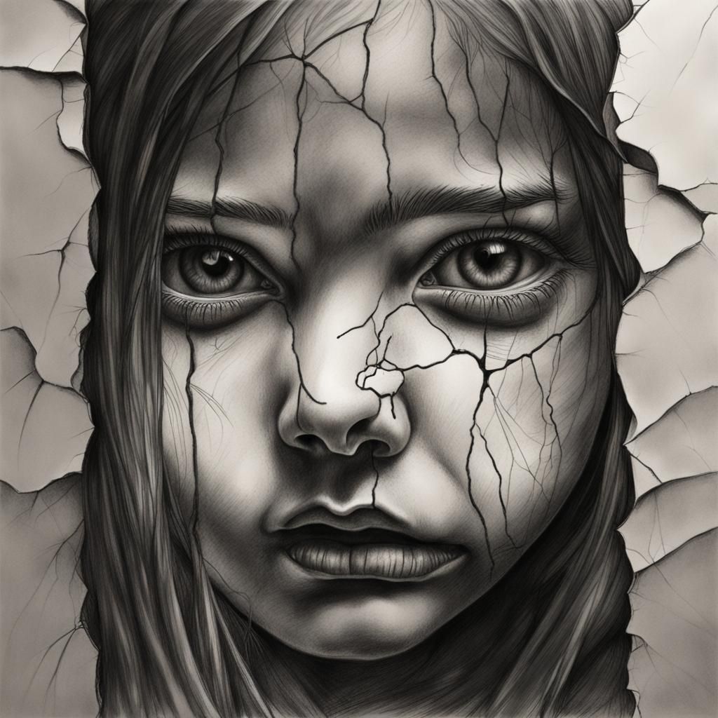 Girl Reflects in Cracked Mirror: Charcoal Drawing