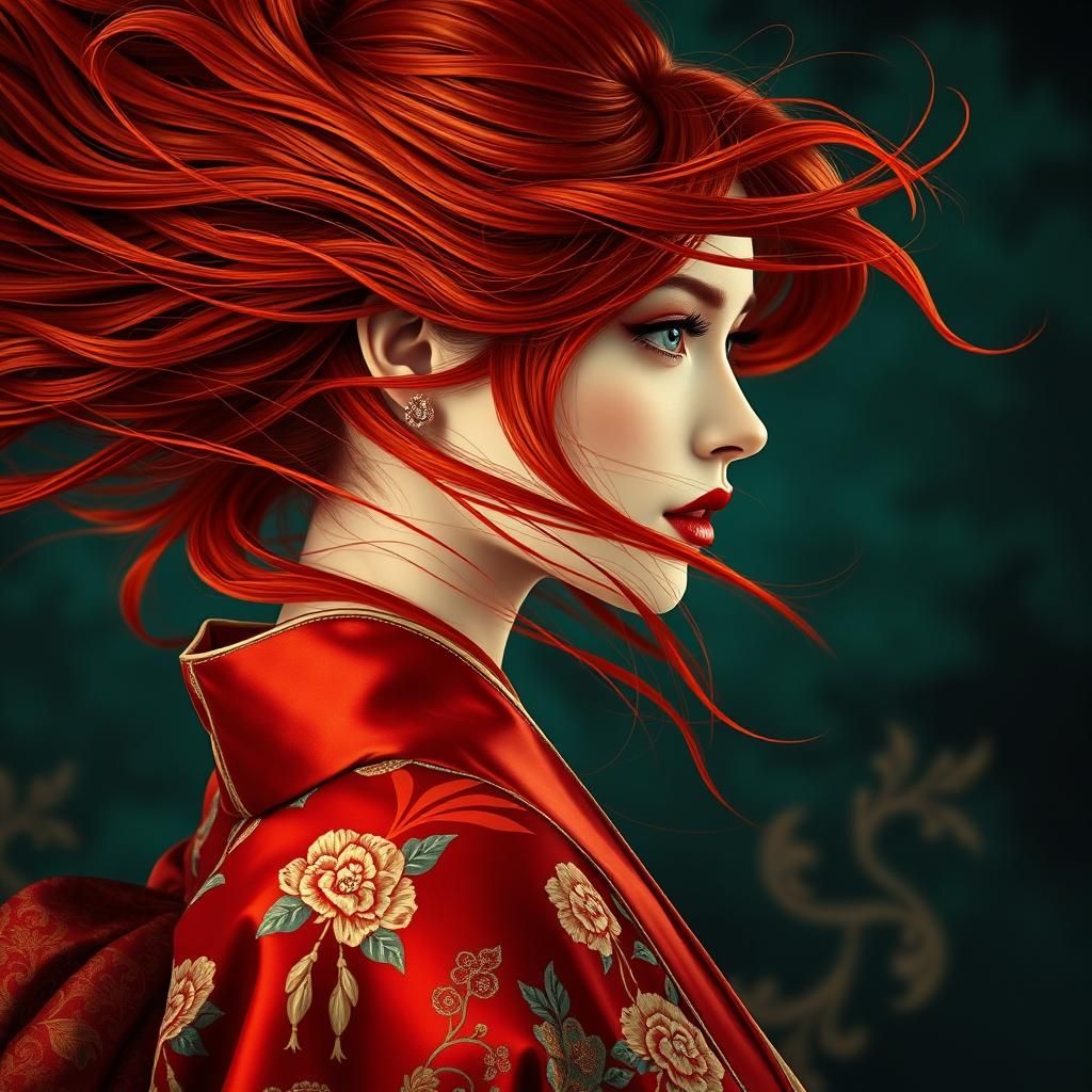 Red-Haired Lady in Kimono, Art Nouveau Portrait