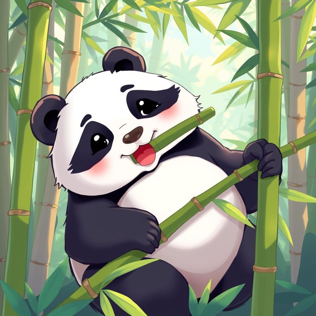 Vibrant Bamboo Forest Scene with a Happy Chubby Panda
