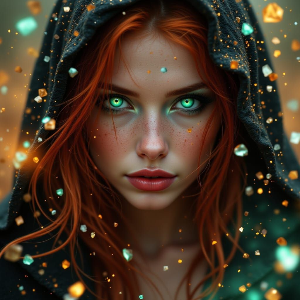 Sensual Redhead Woman in Black Hood with Green Eyes