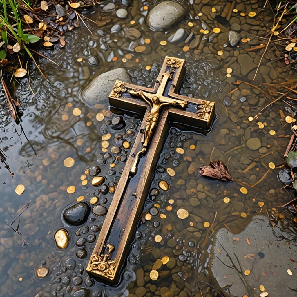 Antique Gold-Edged Cross in a Brook