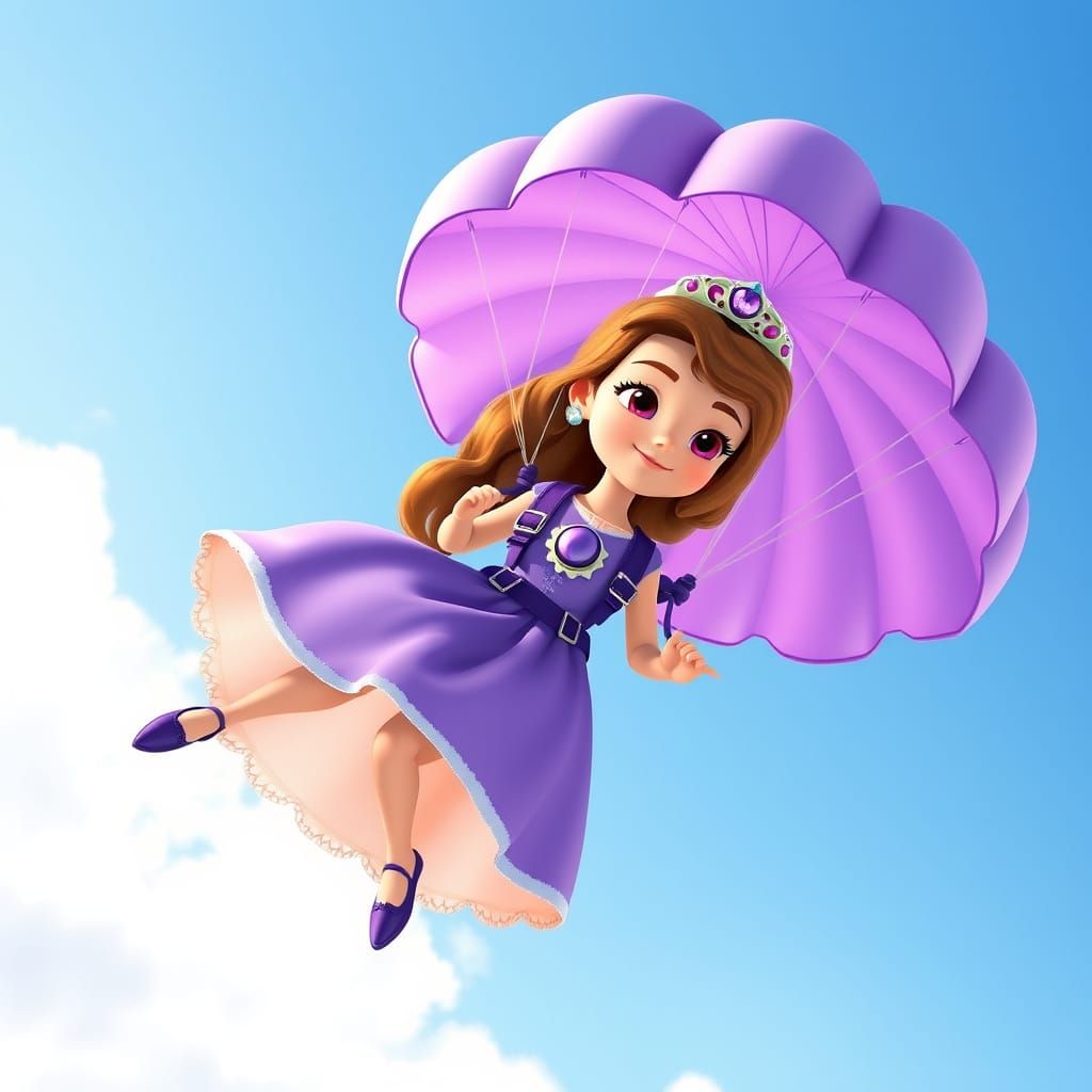 Princess Sofia Skydiving with Purple Parachute, Disney Style