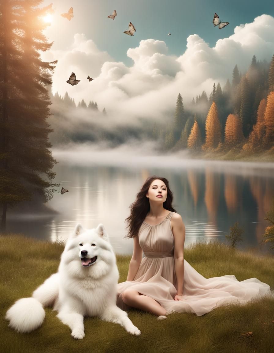 Matte Painting of Lake, Forest, and Samoyed Dog