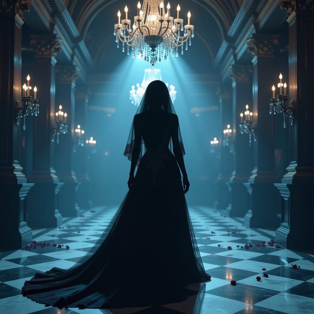 Majestic Zombie in Art Deco Gown at Opulent Ballroom Prom