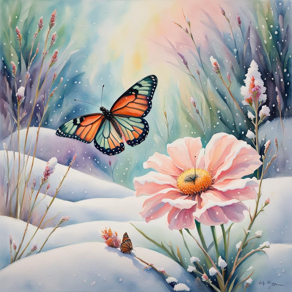 Pastel Flower Blooms in Snow: Watercolor Painting