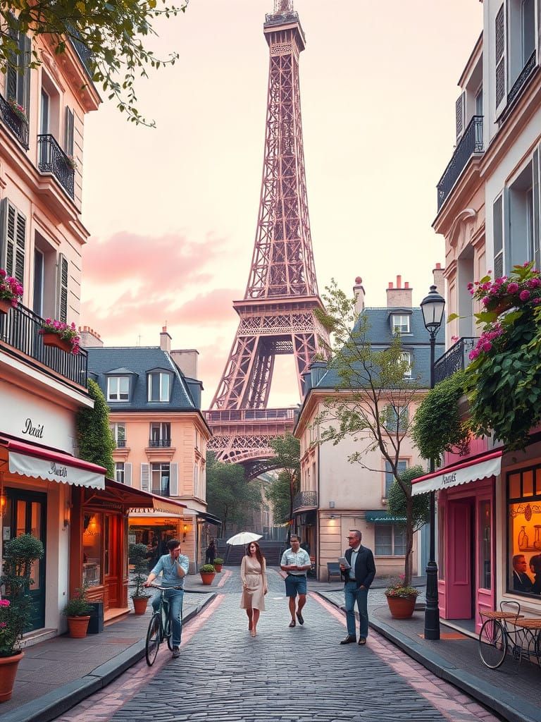 Charming Parisian Street Scene with Eiffel Tower in Soft Pin...